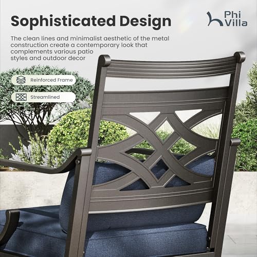 PHI VILLA 9 Pieces Outdoor Dining Set for 8, 60" Square Metal Table with Umbrella Hole & Wrought Iron Swivel Chairs, All Weather Outside Furniture with Blue Cushions & Pillows for Patio, Deck, Porch