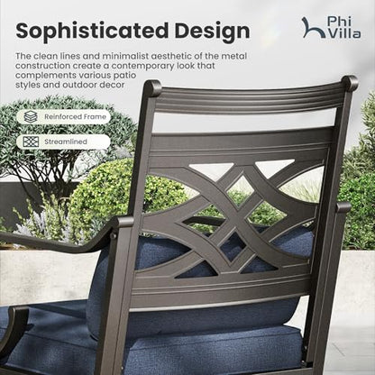 PHI VILLA 9 Pieces Outdoor Dining Set for 8, 60" Square Metal Table with Umbrella Hole & Wrought Iron Swivel Chairs, All Weather Outside Furniture with Blue Cushions & Pillows for Patio, Deck, Porch