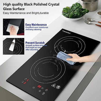 AMZCHEF Induction Cooktop 2 Burners, 12 Inch Bulit-in & Countertop Induction Stove with Plug 110V-120V, 9 Power Levels Electric Stove 1800W, Safety Lock, Timer, Touch Control for Fast Cooking