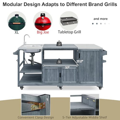 Oevsld 75.4" Outdoor Kitchen Island with Sink,Solid Wood Grill Cart for XL Big Green Egg,Rolling Outdoor Prep Station with Stainless Steel Top and Storage Cabinet. (Grey+Blue)
