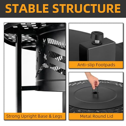 PrimeZone 42" Outdoor Fire Pit with 2 Grills - Wood Burning Firepit for Outside with Cover & Poker, Heavy Duty Metal Fire Pit Large Round Fireplace for Patio, Backyard, Picnic, Camping, Bonfire