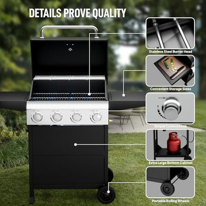 ROVSUN 4-Burner Propane Gas BBQ Grill with Foldable Side Tables & Enameled Cast Iron Grates, 40,000 BTU Barbecue Grill with Portable Wheels for Outdoor Patio Backyard Cooking Grilling, Black