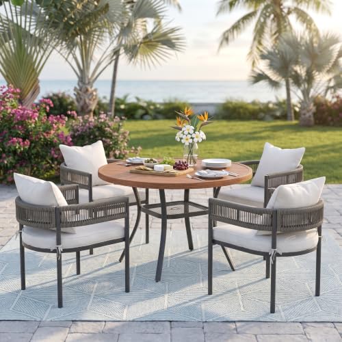 ARKOST 5 Pieces Patio Dining Set, White Cushion Chair & 40.6" Walnut Table