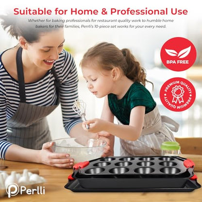 PERLLI Non-Stick 6-Piece Baking Pan Set, BPA-Free Carbon Steel Bakeware Set with Silicone Handles, Stackable Kitchen Oven Set, Cookie Sheet, Baking Tray, Baking Sheet Set, Oven Safe (446°F)
