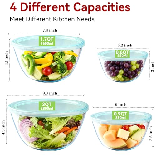 YUANYE 4 Pack Glass Mixing Bowls with Lids Set (3/1.7/0.9/0.6QT),Thick Glass Large Salad Bowl Set, Nesting Kitchen Bowls for Serving, Prepping, Cooking and Baking, Dishwasher, Oven,Microwave Safe