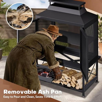 Large Outdoor Chiminea Fire Pit with Grill, Outdoor Fireplace, Outdoor Wood Burning Fireplace with Chimney, 360° Mesh Spark Screen Door, Fire Poker and Log Storage Rack for Patio Backyard