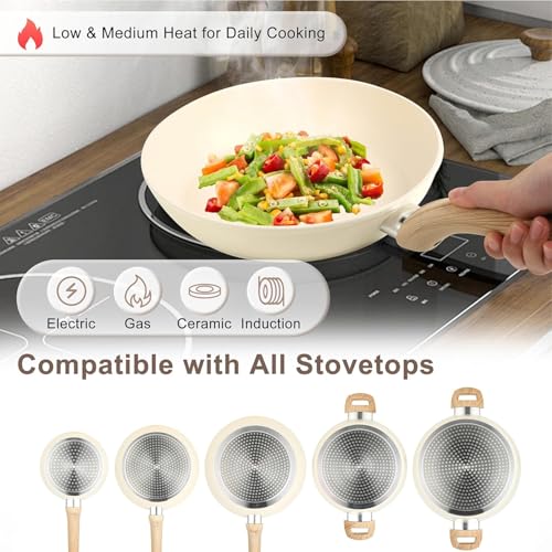 Ray Bear 11 Pcs Pots and Pans Set, Nonstick Cookware Set with Lids and Wooden Handles, Silicone Spoons & Spatulas, Non-toxic Healthy Kitchen Cooking Set, PFAS & PFOA Free