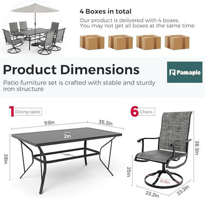 PATIOPIA 7-Piece Outdoor Dining Set, Patio Furniture Set with Textilene Swivel Chairs, Outdoor Table & 6 Chairs for Garden, Backyard, Poolside, Deck, Charcoal