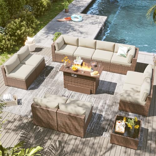 LazySunsets 12 Piece Outdoor Patio Furniture Set with 44'' Fire Pit Table, Outdoor Patio Furniture Sets with 4'' Thicken Cushion, Wicker Rattan Outdoor Conversation Set for Backyard & Garden, Beige