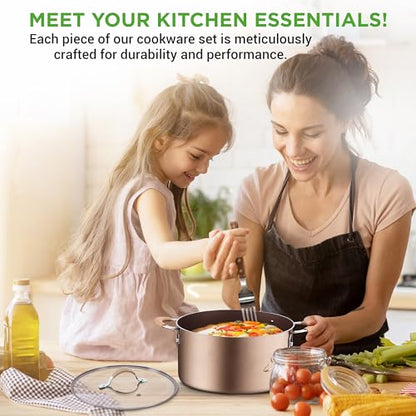 NutriChef 14-Piece Non Stick Kitchen Cookware Set w/Saucepan, Frying Pans, Cooking Pots, Dutch Oven Pot, Lids, Utensil, Gold