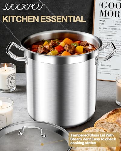 STOCKPOT Stainless Steel 20 Quart Stockpot with Tempered Glass Lid, 3-Ply Base, 8.8 lbs, Polished Finish, Suitable for Stovetop and Oven, Dishwasher Safe