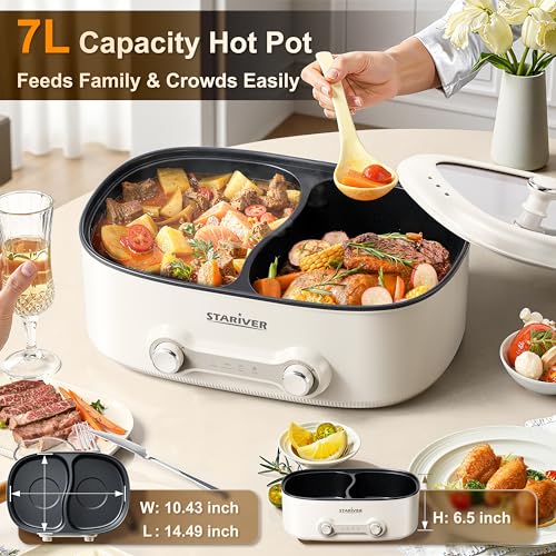 Stariver Hot Pot Electric with Divider, 7L Shabu Shabu Pot, 2-Temp Control (Separate Settings per Side) Non-Stick Hotpot Pot Electric, Perfect for Family Dinners & Parties