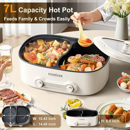 Stariver Hot Pot Electric with Divider, 7L Shabu Shabu Pot, 2-Temp Control (Separate Settings per Side) Non-Stick Hotpot Pot Electric, Perfect for Family Dinners & Parties