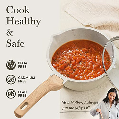 CAROTE 1.5Qt & 3.0Qt Sauce Pan Sets with Lid Cooking Pots Nonstick Saucepans Cookware Set with Pour Spout Small Kitchen Pot, Induction Comptable, Easy to Clean, PFOA FREE (White Granite)