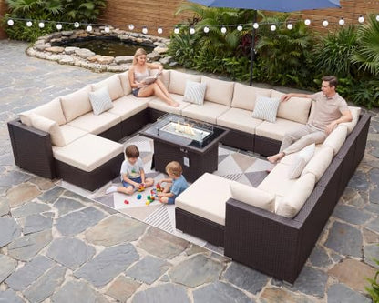 BULEXYARD 15 Piece Large Patio Furniture Set with Fire Pit, Brown & Beige