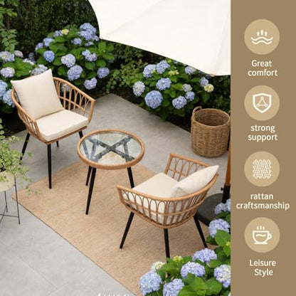 VineBreeze 3-Piece Patio Dining Set, Featuring a Round PE Rattan Table and 2 Chairs, Suitable for Bedrooms, Porches and Gardens All-Weather Furniture Set Includes Tempered Glass, Thick Cushions