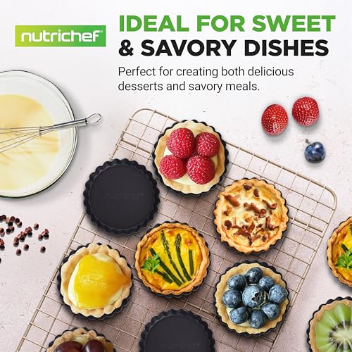 NutriChef 10-Piece Nonstick Mini Tart Pans with Removable Bottom - Heavy Duty 4 Inch Steel Quiche Pans, Oven & Dishwasher Safe, Fluted Side for Sweet & Savory Foods - Includes 200pcs Parchment Paper
