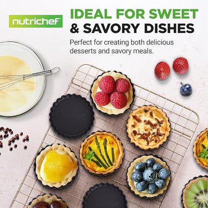 NutriChef 10-Piece Nonstick Mini Tart Pans with Removable Bottom - Heavy Duty 4 Inch Steel Quiche Pans, Oven & Dishwasher Safe, Fluted Side for Sweet & Savory Foods - Includes 200pcs Parchment Paper