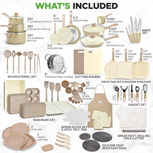 NutriChef 75-Piece Non-Stick Pots and Pans Set, Complete Ceramic Cookware Set with Bakeware, Utensils, Knife Set, & Accessories, Stain-Resistant, Food-Grade Safe, Cream/Brown
