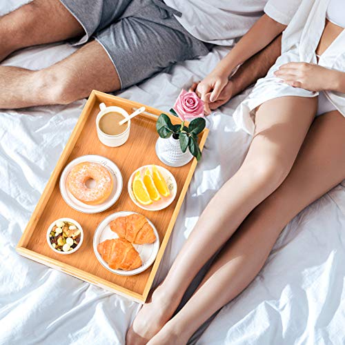 3 Pack Bamboo Serving Trays with Handles, Rectangular Kitchen Food Tray for Eating, Dinner Trays for Eating on Couch, Wood Serving Platter for Breakfast, Tea, Bar, Restaurant, Party or Bed (Beige)