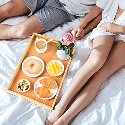 3 Pack Bamboo Serving Trays with Handles, Rectangular Kitchen Food Tray for Eating, Dinner Trays for Eating on Couch, Wood Serving Platter for Breakfast, Tea, Bar, Restaurant, Party or Bed (Beige)