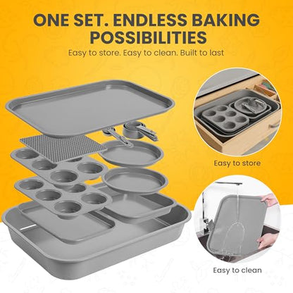 MAISONVISTA Non-Toxic 11-Piece Nonstick Bakeware Set - Professional Carbon Steel Stackable Baking Pans Set, PFOA-Free, Cookie Sheet, Mini Baking Sheet, Roasting Pan, Square, 2 Muffin & 2 Cake Pans