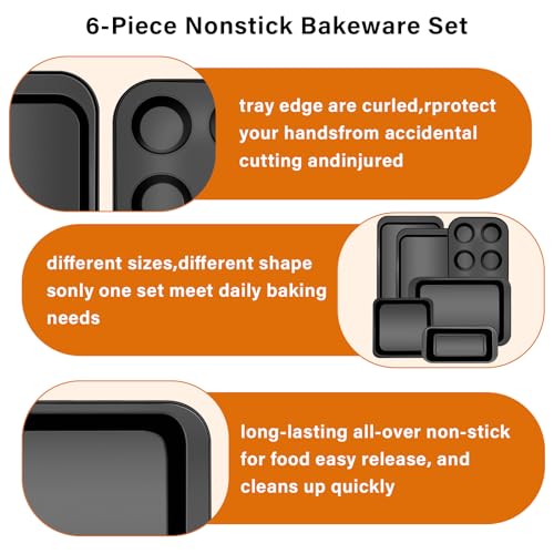 ZMKELE 6-Piece Carbon Steel Bakeware Set, Nonstick Baking Pans with Cookie Sheet, Deep Roaster, Square Pan, Loaf Pan, Muffin Pan for Cooking,Baking Pans Set (black)