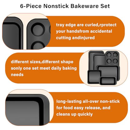 ZMKELE 6-Piece Carbon Steel Bakeware Set, Nonstick Baking Pans with Cookie Sheet, Deep Roaster, Square Pan, Loaf Pan, Muffin Pan for Cooking,Baking Pans Set (black)