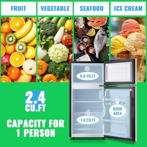 DEMULLER Mini Fridge with Freezer, 45L Personal Refrigerator Only for One Person Use, Silver Tiny Small Size Refrigerator with 7 Level Adjustable Temperature and Double Door