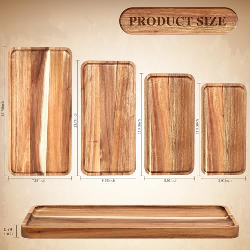 Leinuosen 4 Set Acacia Wooden Serving Platter Solid Wood Serving Trays Rectangular Charcuterie Boards Steak Wooden Plates for Entertaining Party Display Cheese Appetizer (10x5/12x6/14x7/16x8 in)