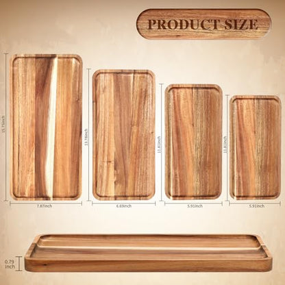 Leinuosen 4 Set Acacia Wooden Serving Platter Solid Wood Serving Trays Rectangular Charcuterie Boards Steak Wooden Plates for Entertaining Party Display Cheese Appetizer (10x5/12x6/14x7/16x8 in)