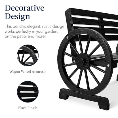 Best Choice Products 2-Person Wooden Wagon Wheel Bench for Backyard, Patio, Porch, Garden, Outdoor Lounge Furniture w/Rustic Country Design, Slatted Seat and Backrest - Black