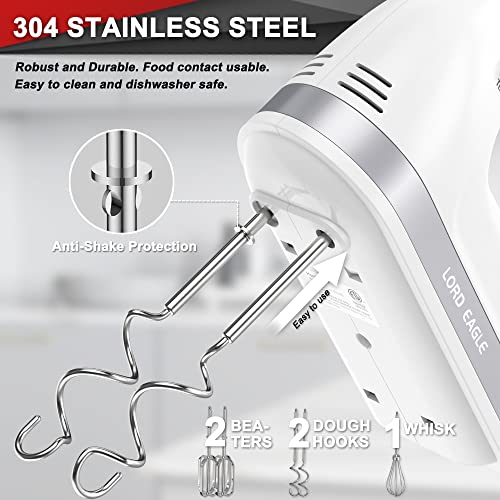 Lord Eagle Hand Mixer Electric Handheld 400W, 5-Speed Lightweight Kitchen Mixer with Storage Case, 5 Stainless Steel Attachments for Baking Cake Egg Cream Food Beater, Turbo+Eject Button