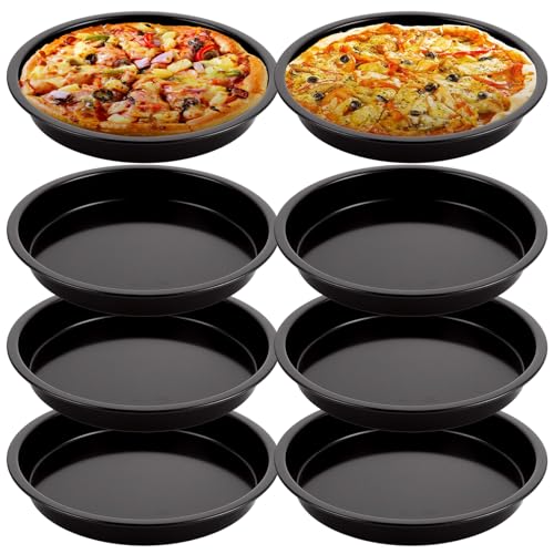 AKOLAFE 8 Pack Deep Dish Pizza Pan Personal Pizza Pan for Oven Round Pizza Plates Set Small Pizza Baking Sheet Non Stick Carbon Steel Pizza Platter Metal Pizza Trays for Serving Cooking Grilling 7Inch