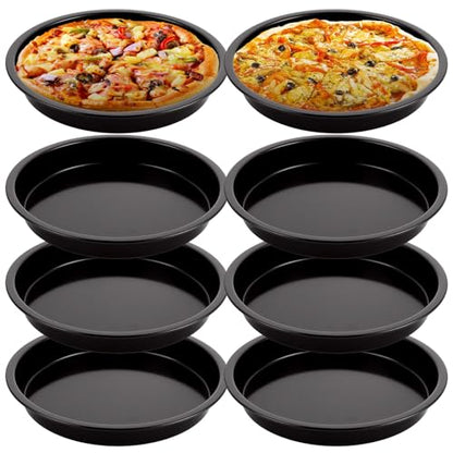 AKOLAFE 8 Pack Deep Dish Pizza Pan Personal Pizza Pan for Oven Round Pizza Plates Set Small Pizza Baking Sheet Non Stick Carbon Steel Pizza Platter Metal Pizza Trays for Serving Cooking Grilling 7Inch