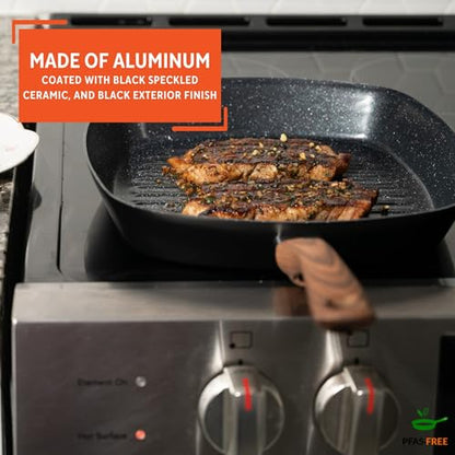 IMUSA 11-Inch PFAS Free Ceramic NonStick Grill Pan, Aluminum Griddle Pan with Cool-Touch WoodLook Handle, Large Cooking Surface for Burgers, Steaks, Vegetables, Sandwiches & BBQ