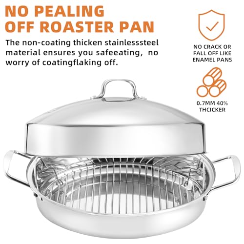 RIDGEPOLE 22” Large Roasting Pan with Rack and Lid, Stainless Steel Oval Roaster Pan, Nonstick Roasting Pan for Oven, Multi-Use Cookware for Turkey, Chicken, Gifts for Mom, Wife.(Sliver)