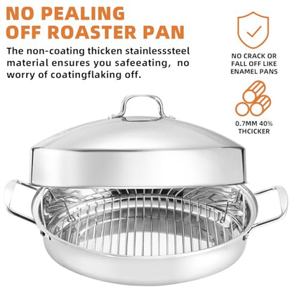 RIDGEPOLE 22” Large Roasting Pan with Rack and Lid, Stainless Steel Oval Roaster Pan, Nonstick Roasting Pan for Oven, Multi-Use Cookware for Turkey, Chicken, Gifts for Mom, Wife.(Sliver)