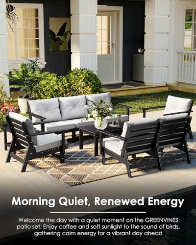 GREENVINES 9 Piece Patio Conversation Set, HDPE All Weather Couches, Black