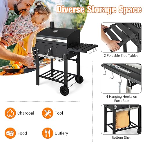 HAPPYGRILL Charcoal Grill, Heavy Duty Cooking Grill with 2 Foldable Side Tables, 8 Hooks, Storage Shelf, 2 Wheels, Flame Control, Outdoor BBQ Grill for Picnic Party Camping Backyard Patio