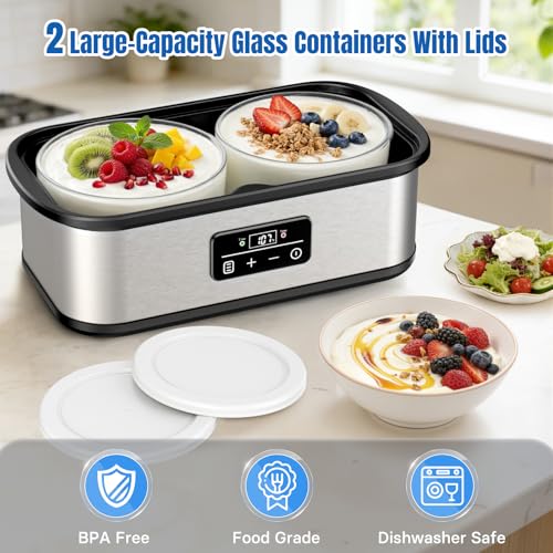 Yogurt Maker with Two 1 Quart Glass Bowls, Yogurt Maker Machine with Precise Temp Control (68-127℉) & 48H Timer, Auto Shut-Off, BPA-Free, for Homemade Probiotic Yogurt & Gut Health