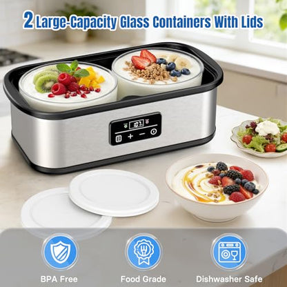 Yogurt Maker with Two 1 Quart Glass Bowls, Yogurt Maker Machine with Precise Temp Control (68-127℉) & 48H Timer, Auto Shut-Off, BPA-Free, for Homemade Probiotic Yogurt & Gut Health