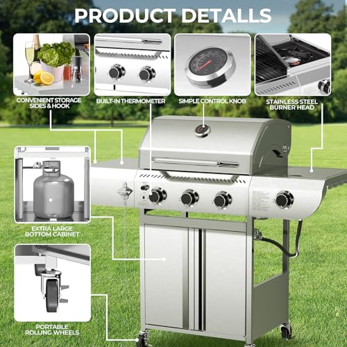 34,000 BTU 3-Burner Propane Gas Grill with Side Burner, All Stainless Steel BBQ Grill, Cast Iron Grates & Portable Cart with Wheels，Outdoor Barbecue Grill for Backyard, Patio, Camping (G31 PRO)