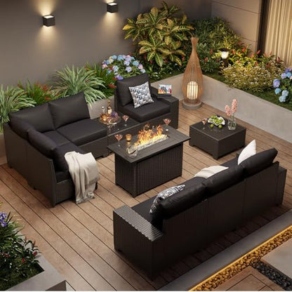Aoxun 10-Piece Sectional Sofa with 44" Fire Pit, 4" Thicken Cushion, Widen Armrests Wicker for Backyard with Coffee Table, Black