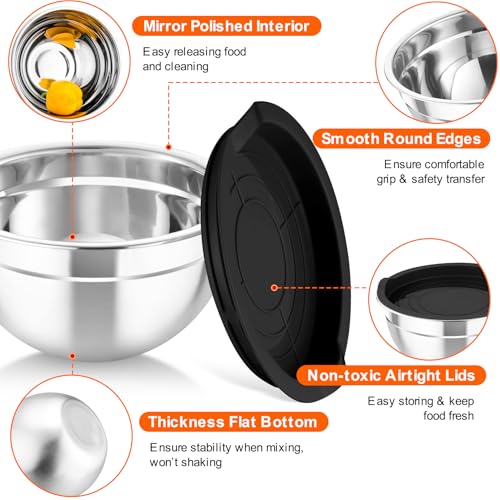 TeamFar Mixing Bowls with Airtight Lids, 5PCS Stainless Steel Metal Salad Bowl with 3 Grater Attachments, for Cooking, Prepping, Serving, Healthy & Easy Clean - 0.7/1/1.5/2.6/4.6QT, Black