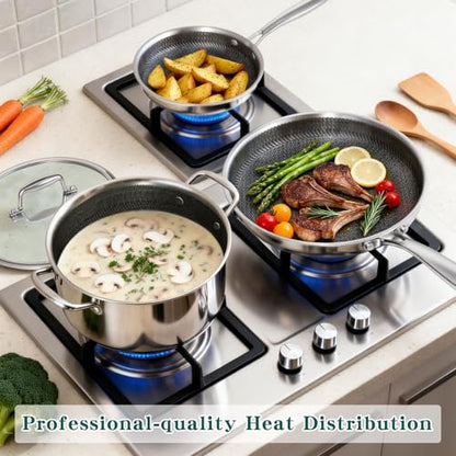 Yoehka 14-Piece Hybrid Stainless Steel Cookware Set, Pots and Pans Set with 3 Silicone Trivets | Induction Compatible Frying Pans, Saucepans, Saute Pan & Stock Pot | Oven Dishwasher Safe, PFOA Free