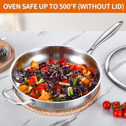 DELARLO Stainless Steel Pan 14-Inch, Large Frying Pan with Lid, Heavy Duty, Compatible with Induction, Gas and Electric up to 650℉, Fast & Even Heating, Dishwasher, Oven Safe Skillet, PTFE & PFOA Free