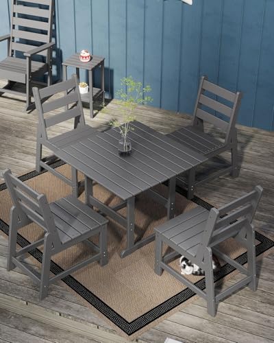 GREENVINES 5-Piece-Outdoor-Dining-Set | HDPE | Square | Patio Furniture | All Weather | Armless Chair | Slatted Table and Chairs Sets for 4 | for Backyard Poolside Garden | Grey
