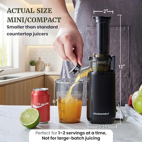 Elite Gourmet EJX600 Mini Compact Small Space-Saving Masticating Slow Juicer Cold Press Juice Extractor, Nutrient and Vitamin Dense, BPA-Free Tritan, Easy to Clean, 16 oz Juice Cup, Charcoal Grey
