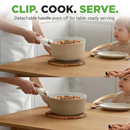 NutriChef 18-Piece Ceramic Cookware Set with Detachable Handles, Space-Saving Nonstick Pots, Pans & Lids, Oven-Safe Bowls, Stackable Storage, Includes Cooking Utensils & Accessories (Cream)